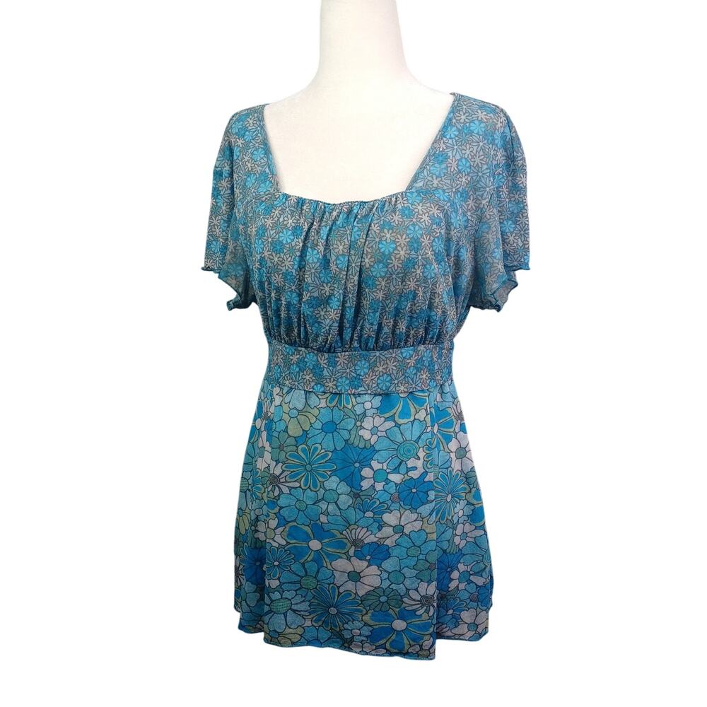 Vtg Cha Cha‎ Vente Babydoll Top Women's L Floral Y2K Mesh Retro Hippie Bloomcore